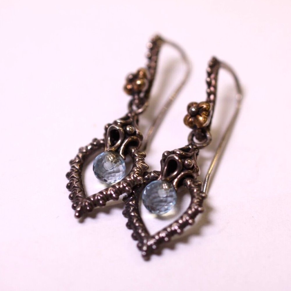 Barbara Bixby Blue Topaz 18K Gold 925 Sterling Silver Heart Dangle Earrings R758